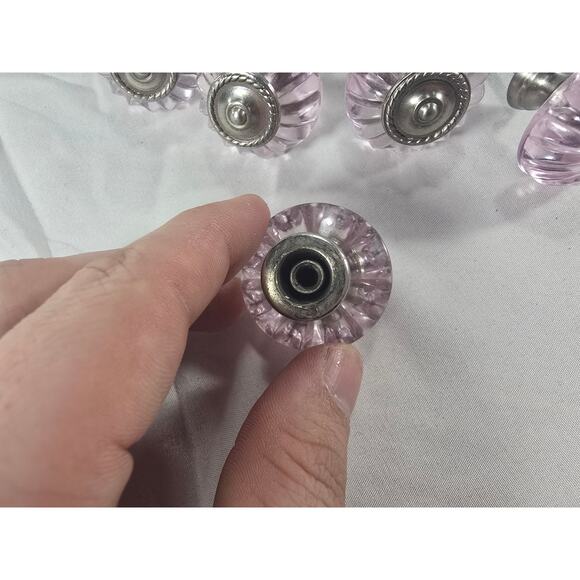 Set of 8 Pink Glass Cabinet Knobs Drawer Pulls Silver Tone Hardware Shabby Chic - Picture 3 of 3